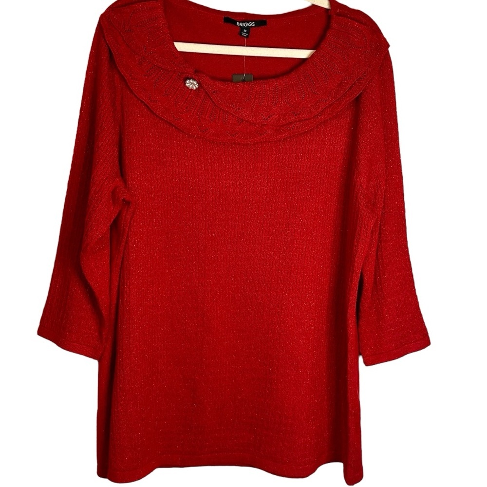 Briggs Red Metallic Ruffle Jeweled‎ Cableknit Sweater Holiday NWT 2X #BR4203XF17